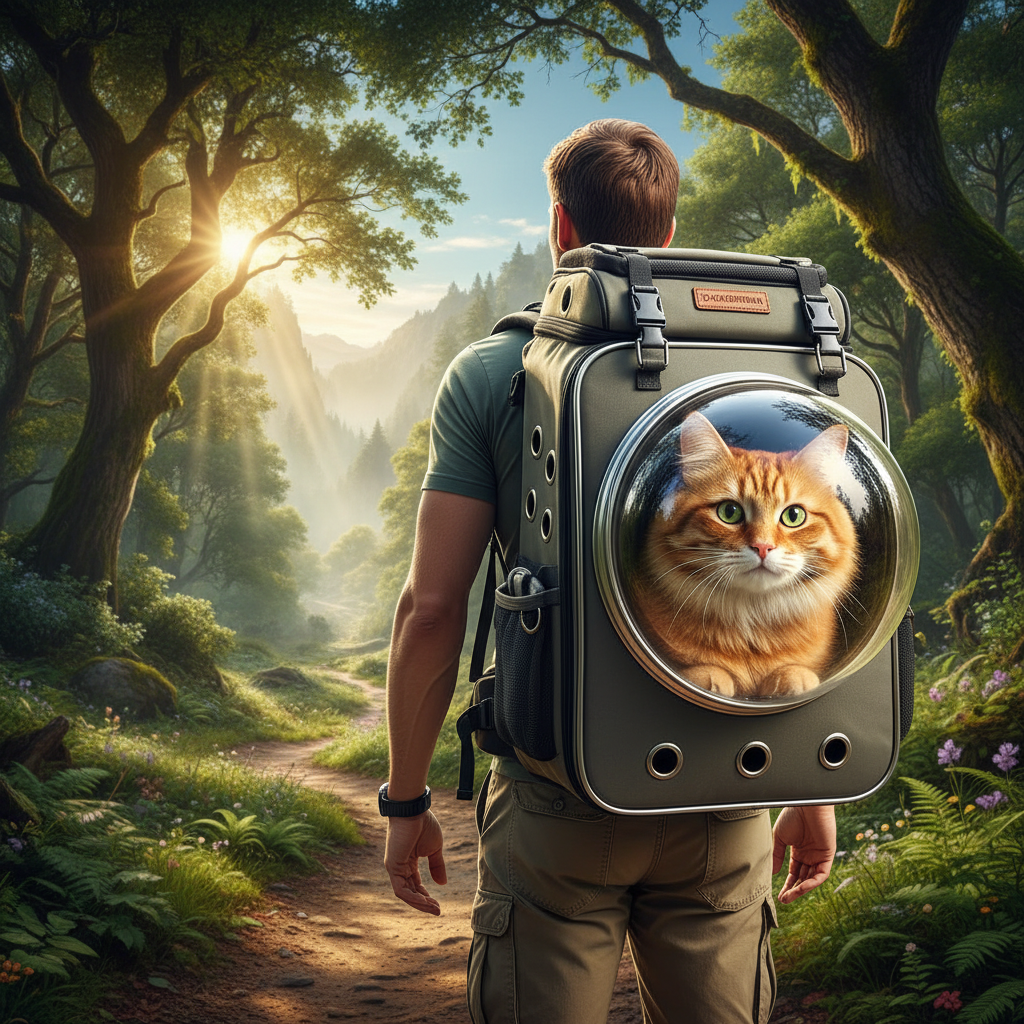 A sun-drenched outdoor hiking scene where a traveler wears a high-quality pet carrier backpack featuring a large transparent bubble window, through which a curious ginger cat looks out at the green forest landscape.