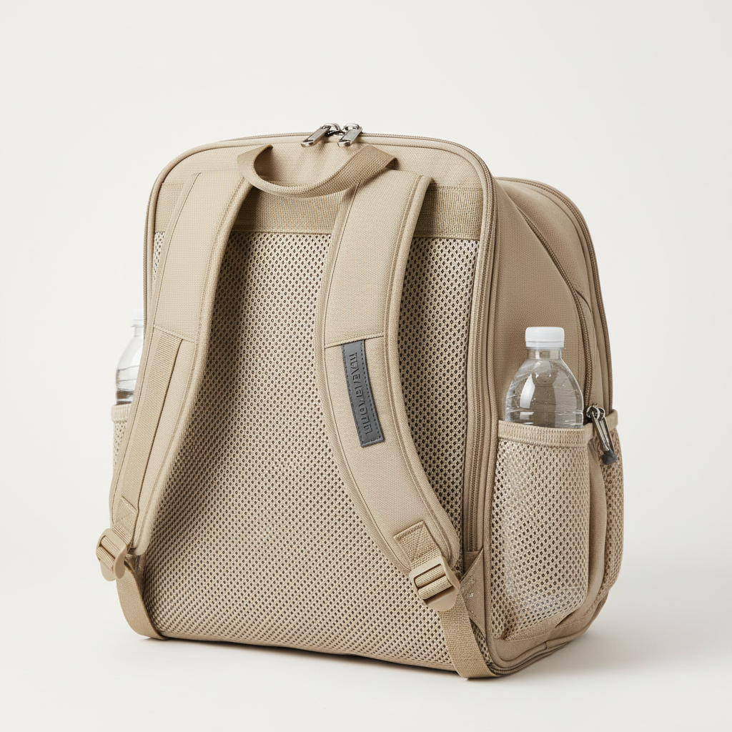 An eye-level close-up of a premium, breathable mesh pet backpack in a neutral beige color, showcasing its ergonomic padded shoulder straps and side pockets for water bottles, set against a clean, minimalist studio background.