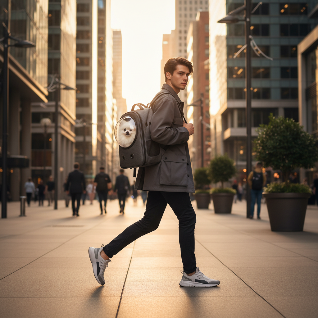 A stylish young adult walking through a modern urban cityscape during golden hour, carrying a small white Pomeranian in a sleek gray pet backpack that blends seamlessly with their fashionable street style.