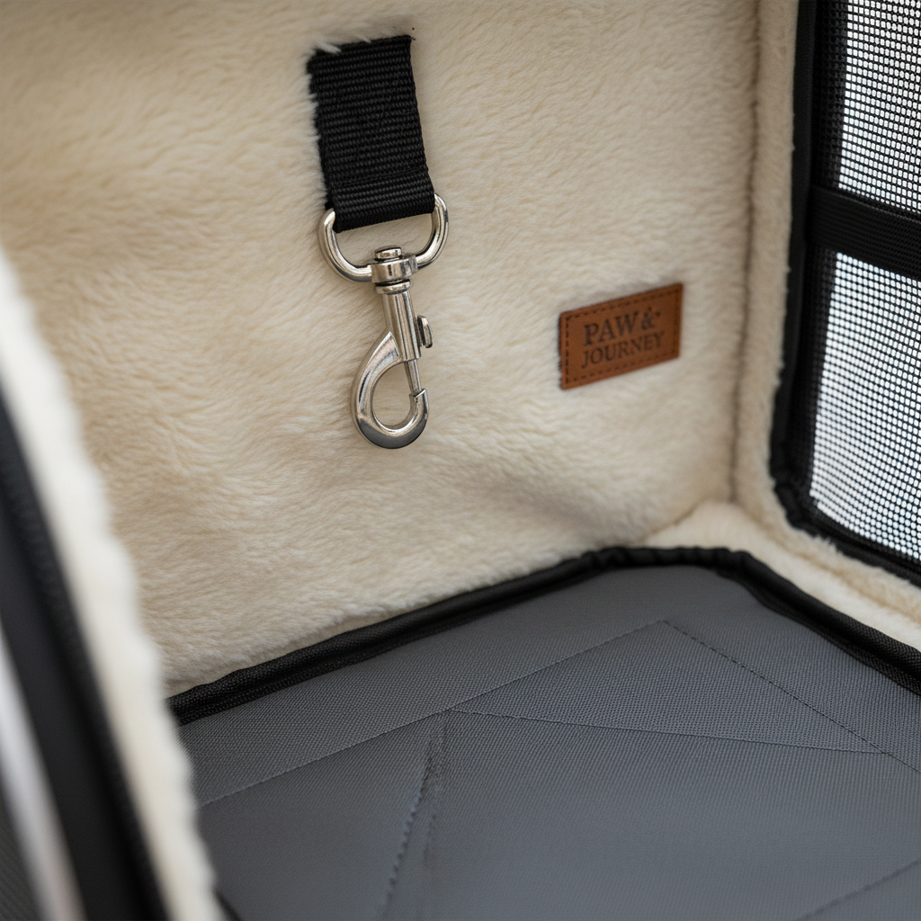 A detailed macro shot of the interior of a pet backpack, highlighting the soft faux-fur lining, the safety leash clip, and the sturdy base plate designed for pet comfort and security.