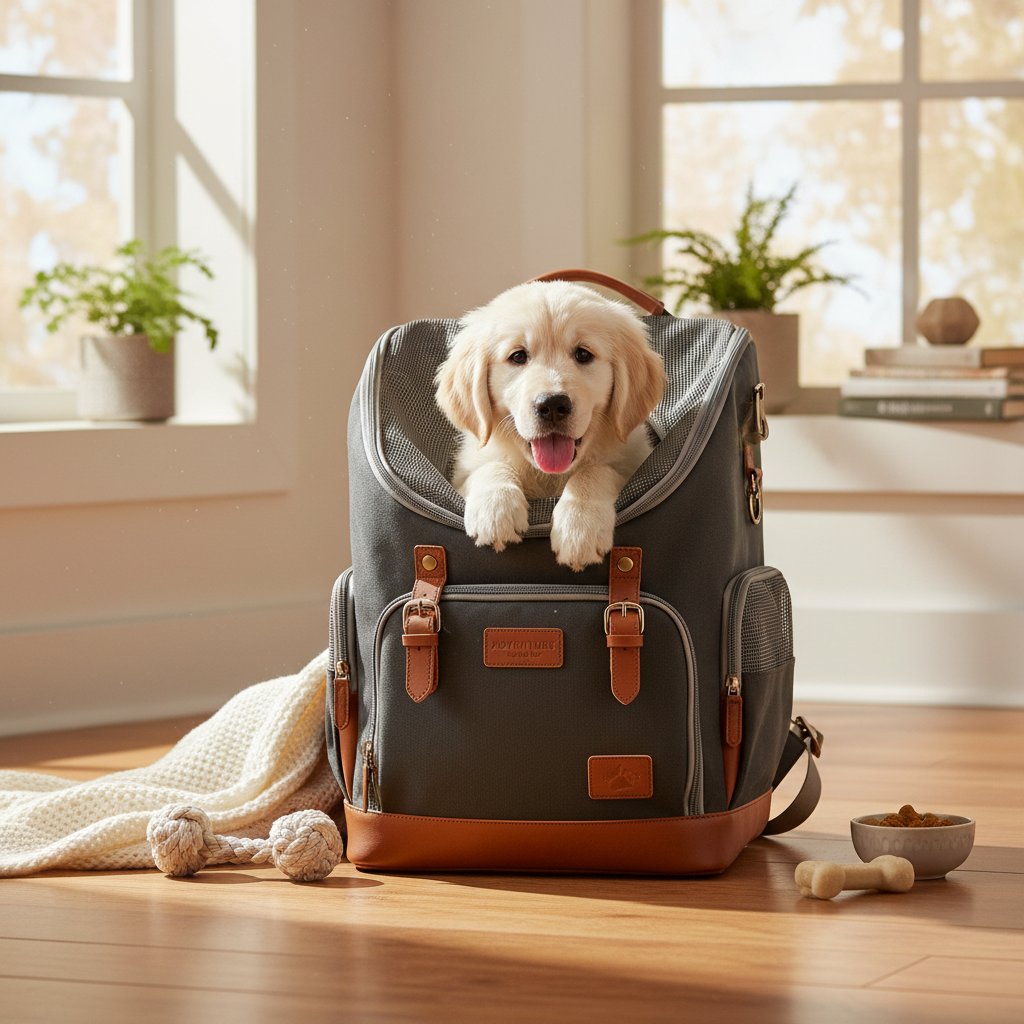 A cozy indoor lifestyle photograph of a pet backpack placed on a wooden floor near a bright window, with a small puppy peeking its head out of the top opening, surrounded by soft morning light.