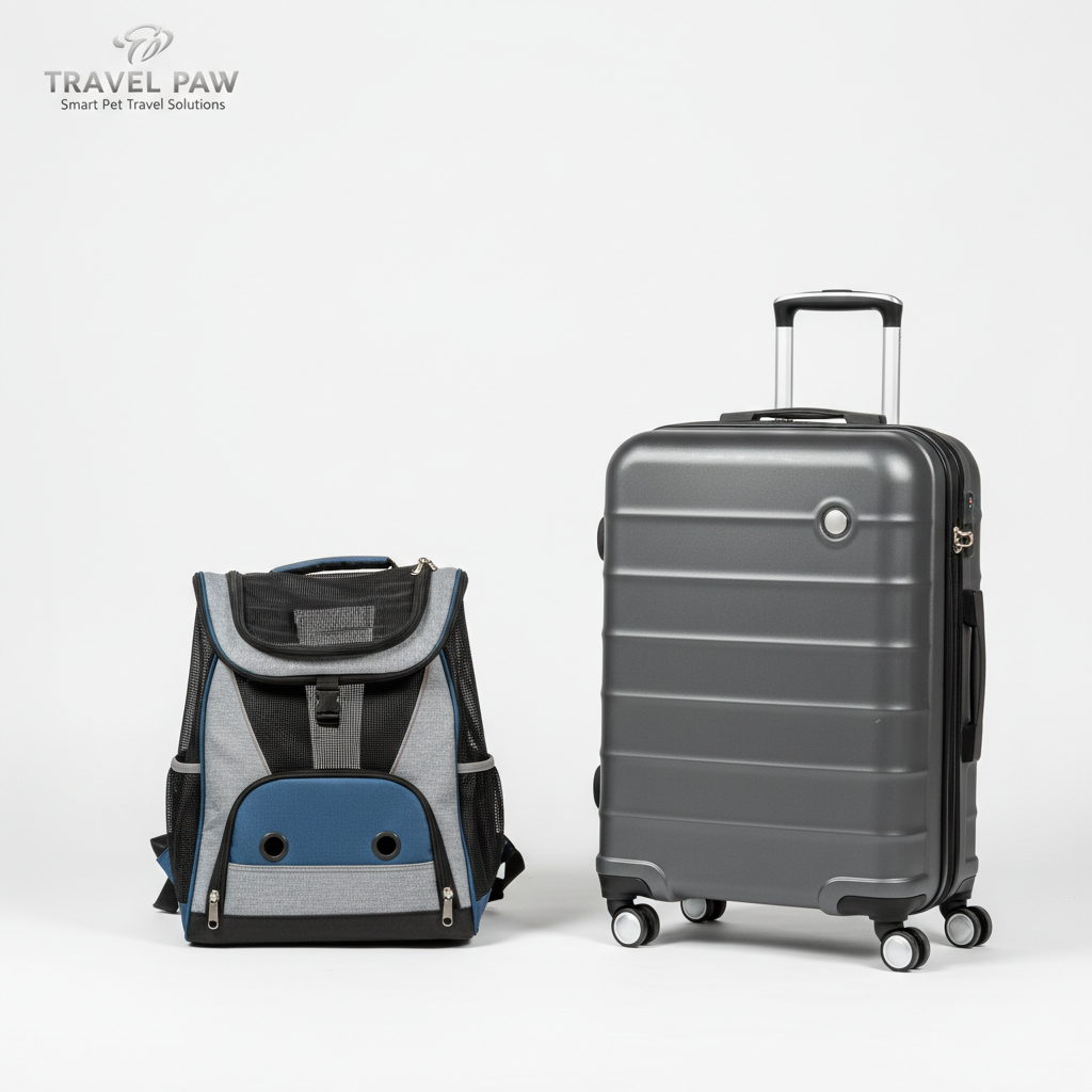 A practical demonstration image showing a pet backpack folded flat to emphasize its space-saving storage capabilities, positioned next to a travel suitcase on a clean white surface.