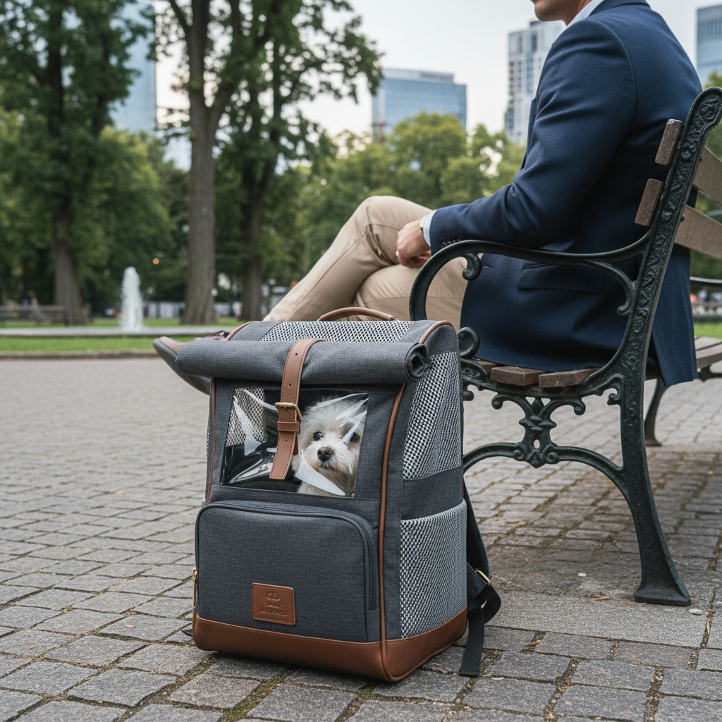 A high-angle shot of a person sitting on a park bench with a pet backpack resting beside them; the backpack features multiple mesh ventilation windows and a roll-up front cover for privacy.