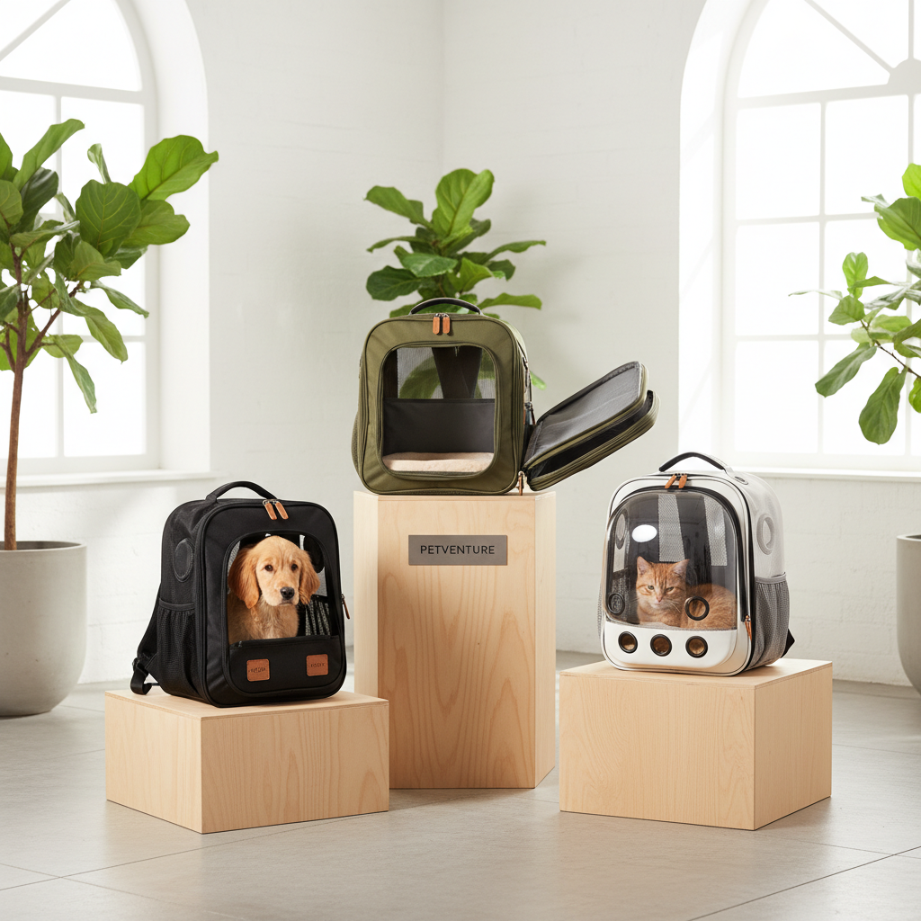 A group of three different types of pet backpacks (expandable, bubble, and classic mesh) arranged neatly in a bright, airy showroom to display various designs and functionalities for different pet sizes.